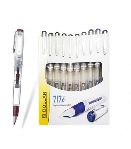 Shop Dollar 717i Transparent Fountain Pen Pack of 10 online in Pakistan. Features a transparent body, fine iridium nib, smooth ink flow, and large ink reservoir for comfortable everyday writing.